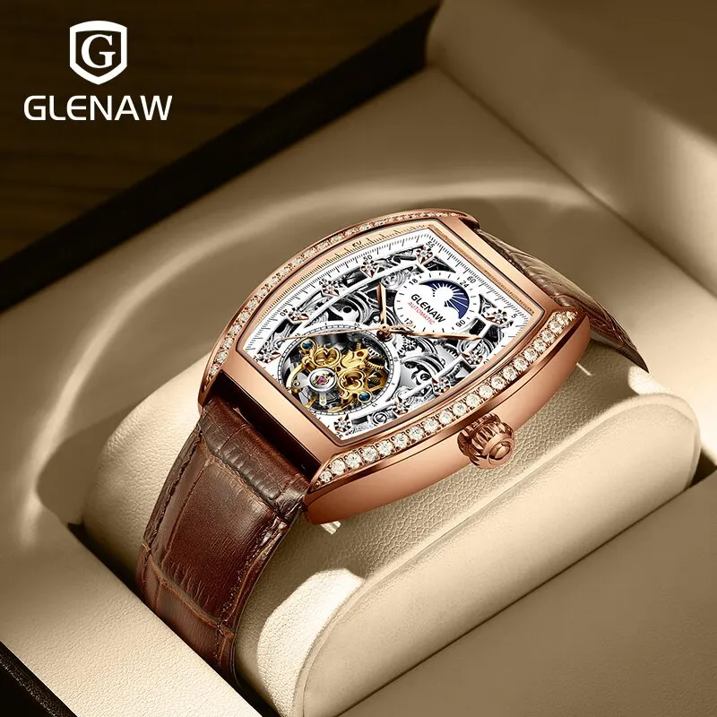 Мъжки часовник GLENAW Watch Автоматични механични часовници с квадратна диамантен пръстен, кухи часовници за мъже, водоустойчиви часовници с турбийоном, водоустойчиви часовници 30ATM