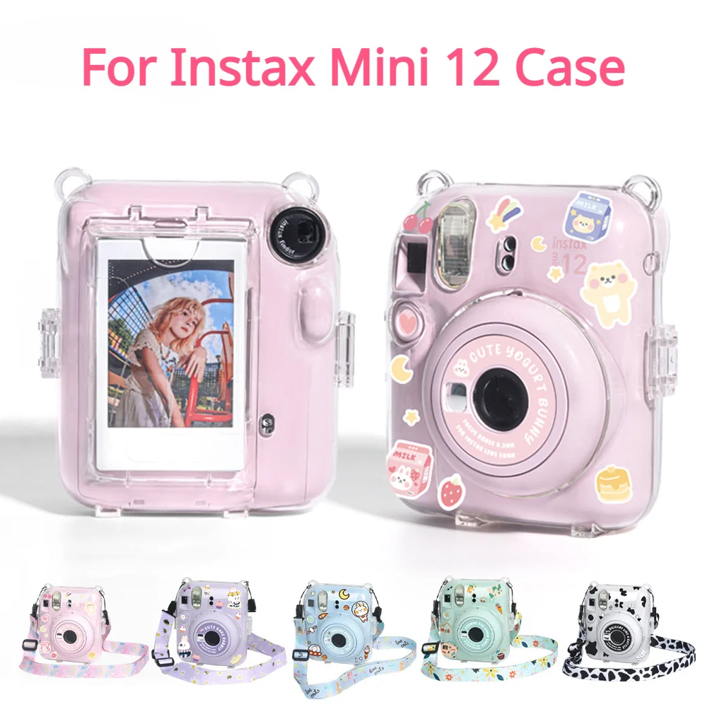 Набор от прозрачни чанти за фотоапарат с кристали за Instax Mini 12, чанта за съхранение, през рамо, прозрачни защитни фолиа за фотоапарата, джоб за снимки