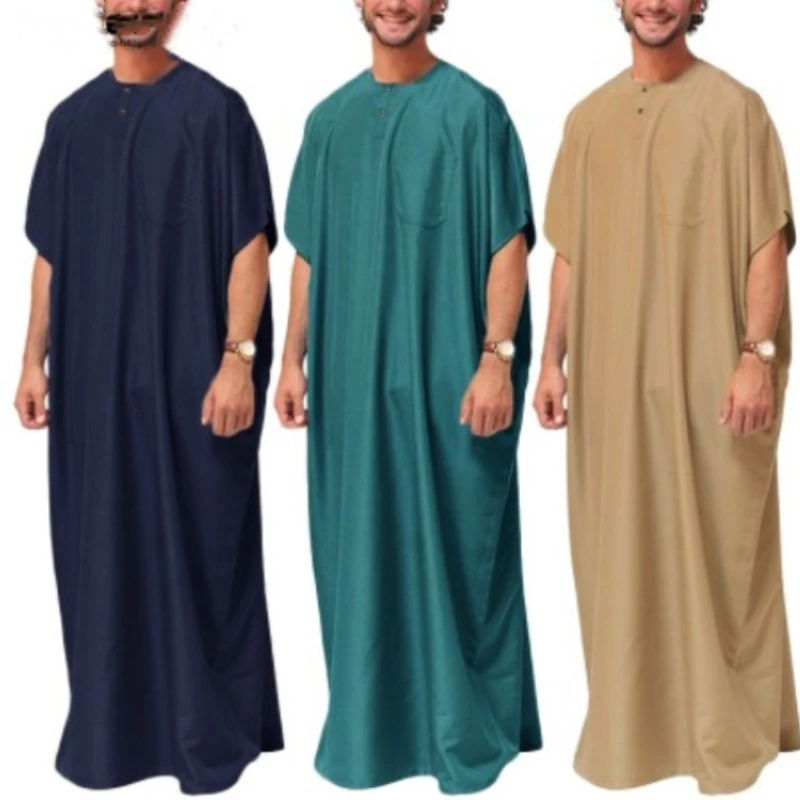 Най-новата мюсюлманска Абайя, близкият изток и исляма, мъжки дрехи, арабско рокля от Дубай, ислямска риза, къс ръкав, монофонични халат Thobe, кафтан