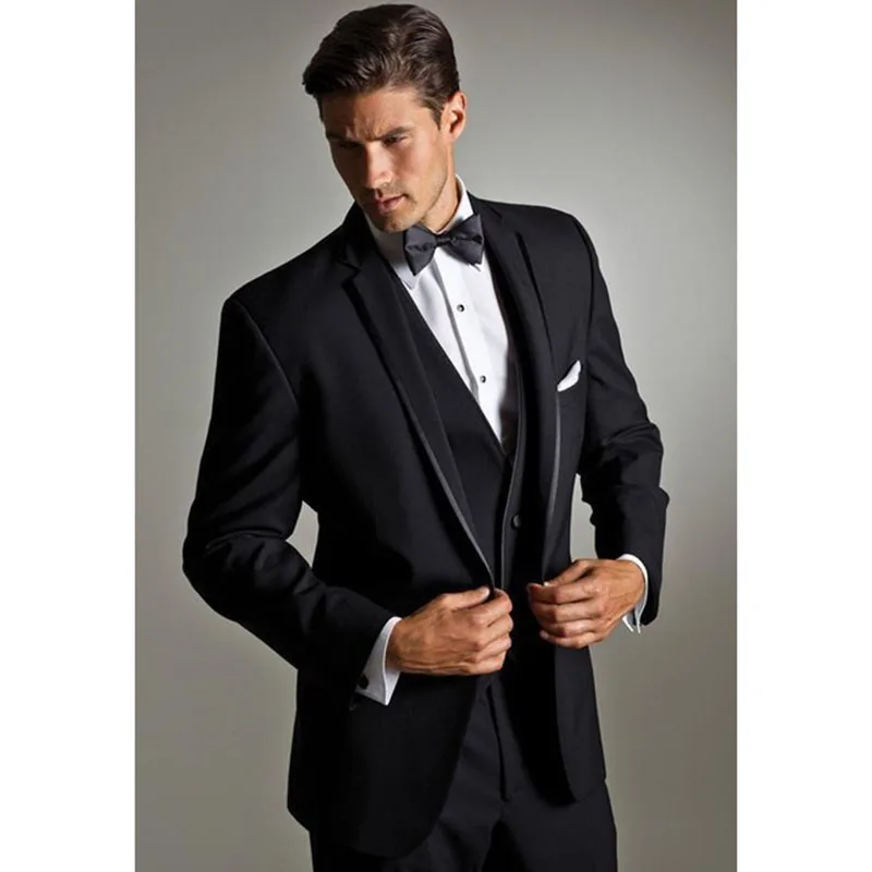 Нов стил, Черен Мъжки костюм на Младоженеца в Една пуговице, Смокинги С Изрезки На Лацканах, Шаферы, Мъжки Сватбени Костюми (Яке + Панталон + елек + вратовръзка)