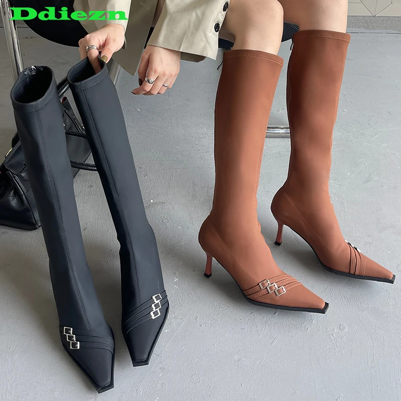 Новата есенна дамски обувки, еластични ботуши до коляното, дамски модни дизайнерски обувки на тънък ток, с остри пръсти, Дълги дамски обувки в западен стил