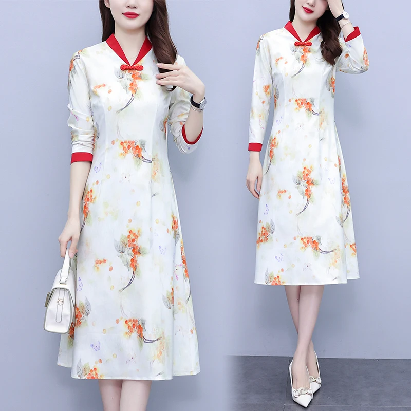 Ново елегантно тънката рокля Ципао в традиционен китайски стил с принтом Рокли за жени