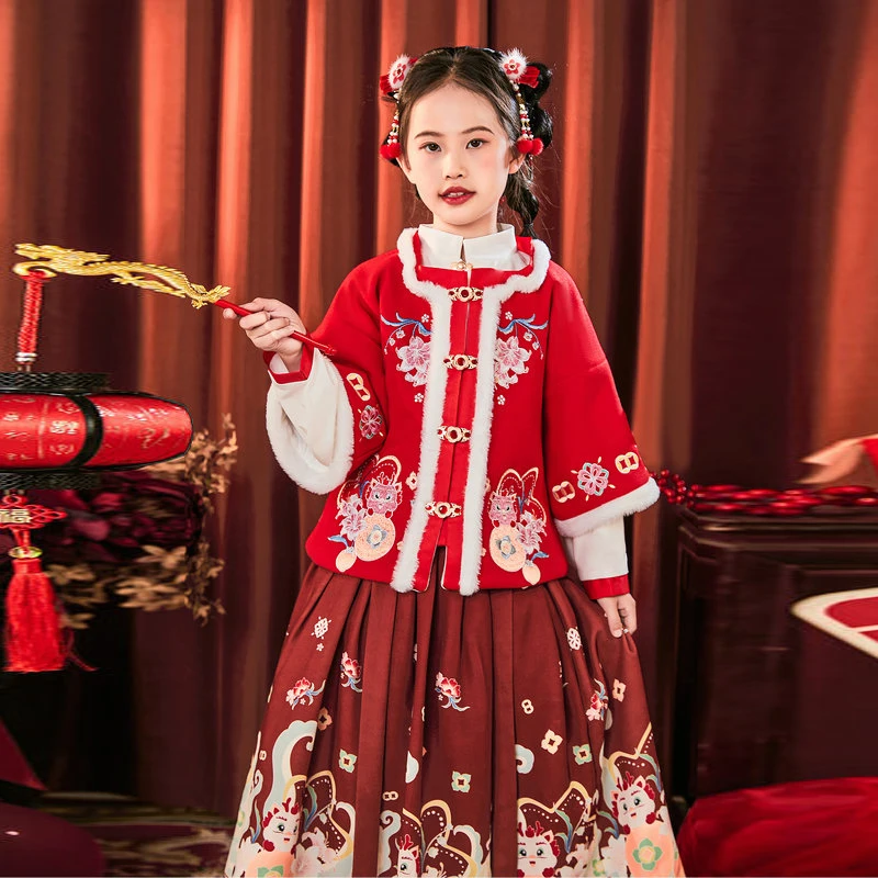 Облекло за Китайската Нова Година, Червен Костюм от 3 теми За Момичета, Комплект от Topa, Поли и палта, Зимни Източен Традиционен Костюм Hanfu Kids