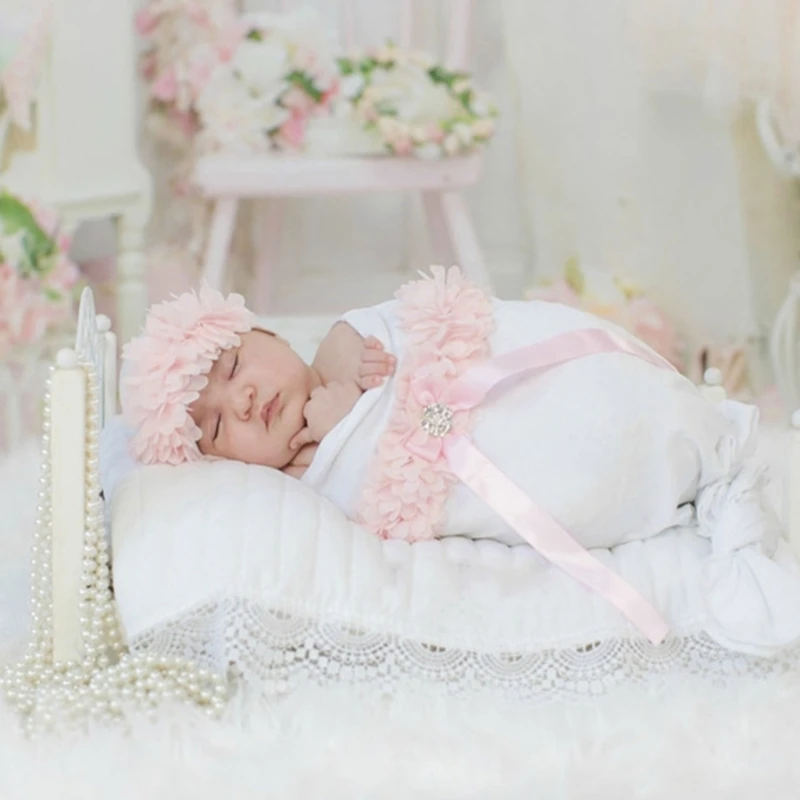 Облекло за фотография за деца от 0 до 2 месеца, спален чувал с лък, цвете шапчица-бини, комплект костюми за снимки на новородени, облекло за фотосесия на бебета