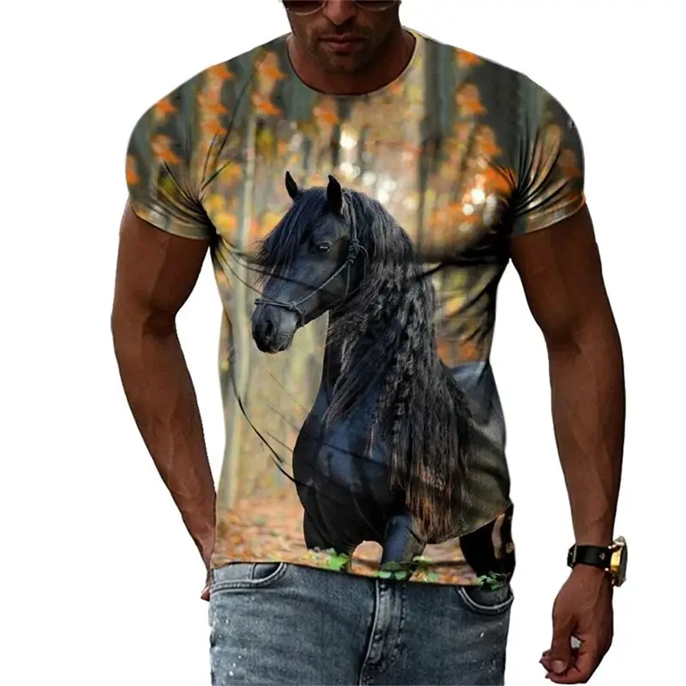 Освежаваща лятна дрехи за мъже от серията Animal тениска с изображение на движещ се кон с 3D-принтом кръгъл отвор, спортно Ежедневно облекло с къси ръкави
