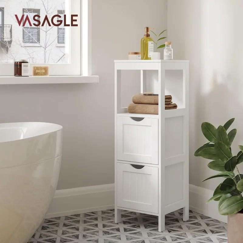 Открит шкаф за баня VASAGLE, Органайзер за съхранение в банята, Мултифункционален ъглов блок, 2 чекмеджето на кутията, бяла UBBC42WT