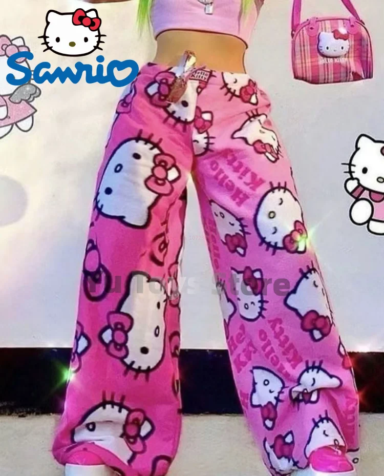 Пижами Sanrio Hello Kitty, Черно-Розово Фланелевая Дамски Топла Вълнена Бяла Тениска, На Ежедневните Домашни Панталони, Есенни Модни Панталони За Хелоуин