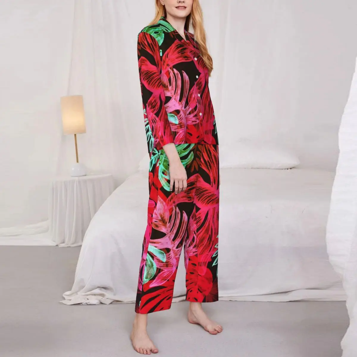 Пижамные комплекти с тропически палмови листа, пролетно облекло за сън Kawaii Room с принтом червени листа, 2 броя, реколта пижама с принтом Оверсайз