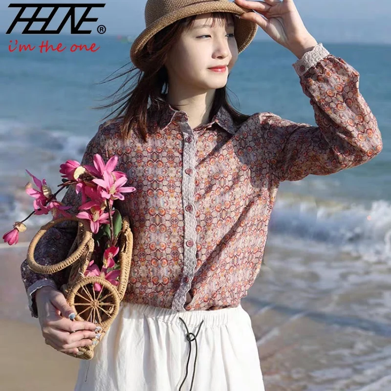 По-големи размери, блузи оверсайз, върховете в корейски стил, реколта ежедневни блузи с дълъг ръкав и цветна принтом, блузы