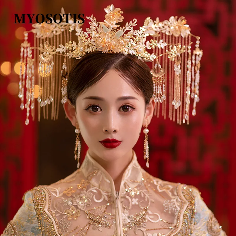 Прическа на булката Xiuhe, Китайска Луксозна Кръгла Пискюл, Короната на Феникса, Сватбени Аксесоари За коса