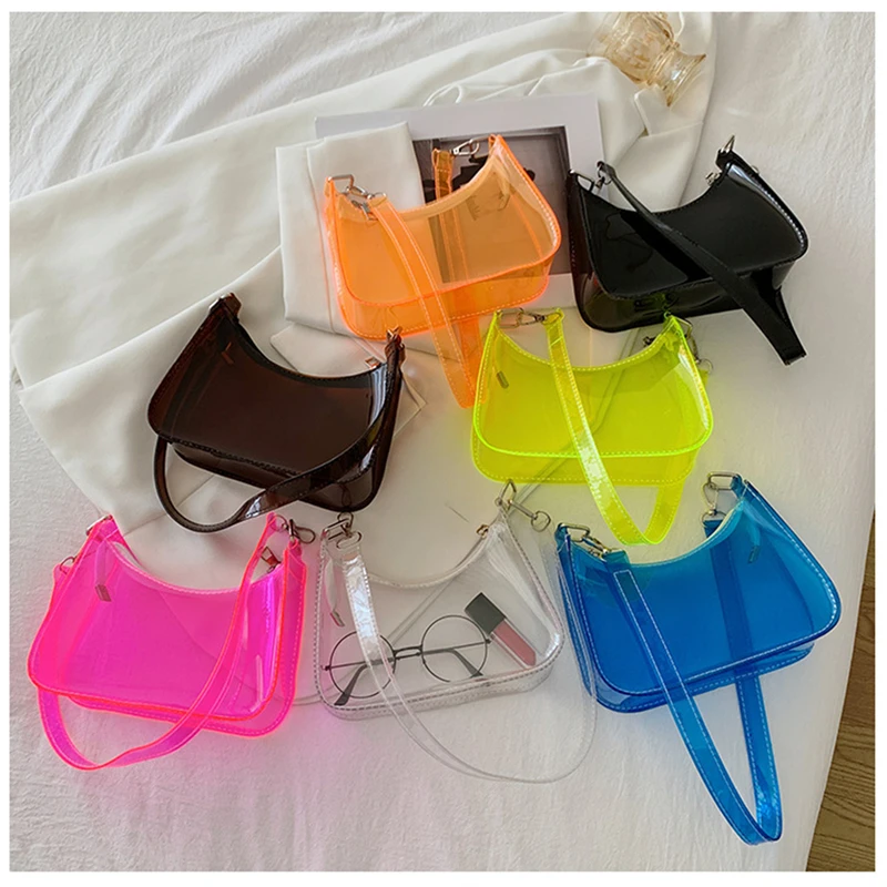 Прозрачни чанти в ярки цветове, модни дамски опаковка, прозрачна плажната желейная чанта, изработена от PVC, дамски чанти на рамо, прости чанти под мишниците.