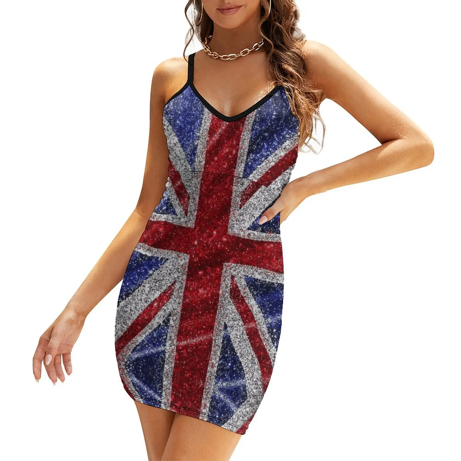 Секси дамски дрехи, рокли, Блестящи флаг Union Jack, Великобритания, Женствена рокля-прашка с пайети, графика, Реколта партита, Хумористична графика