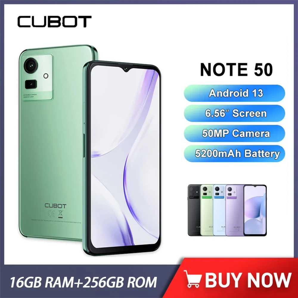 Смартфон Cubot NOTE 50 6,56 инча Unisoc T606 16 GB RAM + 256 GB ROM Телефон 50-Мегапикселова Камера 5200 mah Батерия, Android 13 NFC и 4G Мобилен телефон