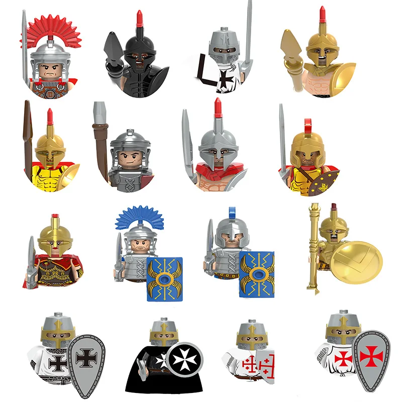 Средновековни военни фигурки, градивните елементи на Римските войници, кавалерия, Спартански войници, Оборудвани с оръжия, Брони, Монтаж на каски, играчки