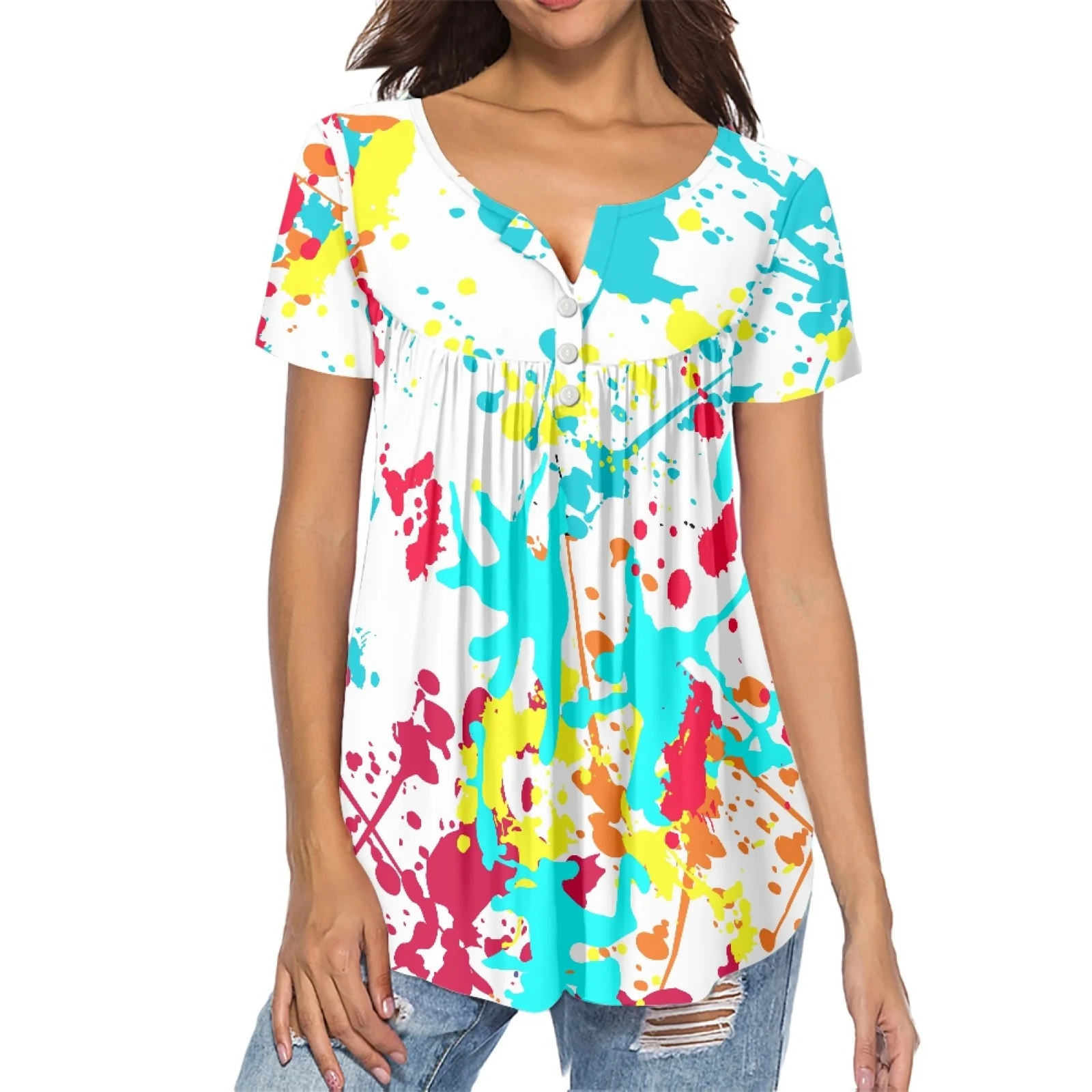 Съкратен топ в стил сексуална очарователно момиче, блузи с V-образно деколте 2023, модни традиционни племенни пролет-лято Хавай, дамски плиссированная риза с катарама