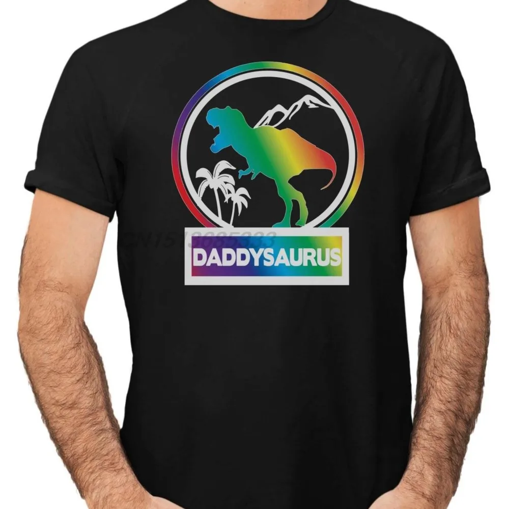 Тениски RAINBOW DADDYSAURUS T-rex, Мъжки Ризи с Динозаври, Подаръци за Деня на Бащите, Тениски С Кръгло деколте, Върхове от Чист Памук, Дрехи За възрастни Оверсайз