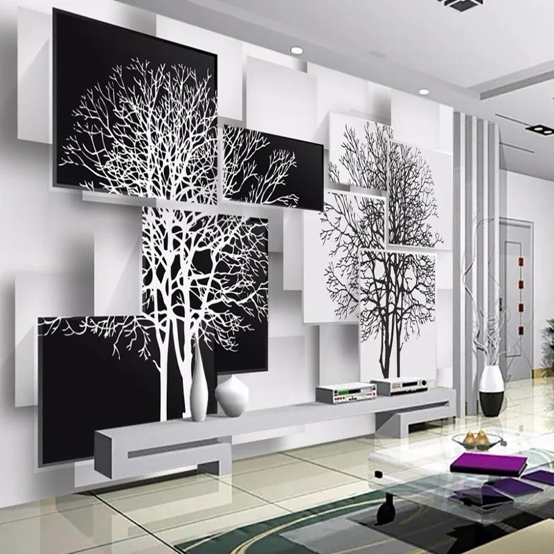 Фотообои по поръчка за стени на 3D Модерна черно-бяла стенопис под формата на голямо дърво Платно за хола ТЕЛЕВИЗИЯ Фон Тапети за дома