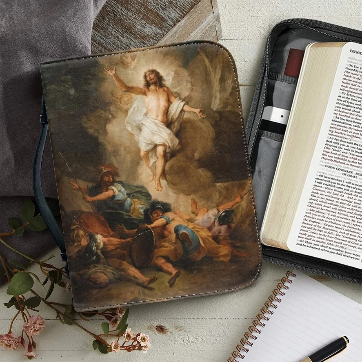 Чанта за Библията с графичен принтом на Исус за жени, Чанти за съхранение на Библията Чанта от изкуствена кожа с дръжка, цип Чанта за носене на Библията