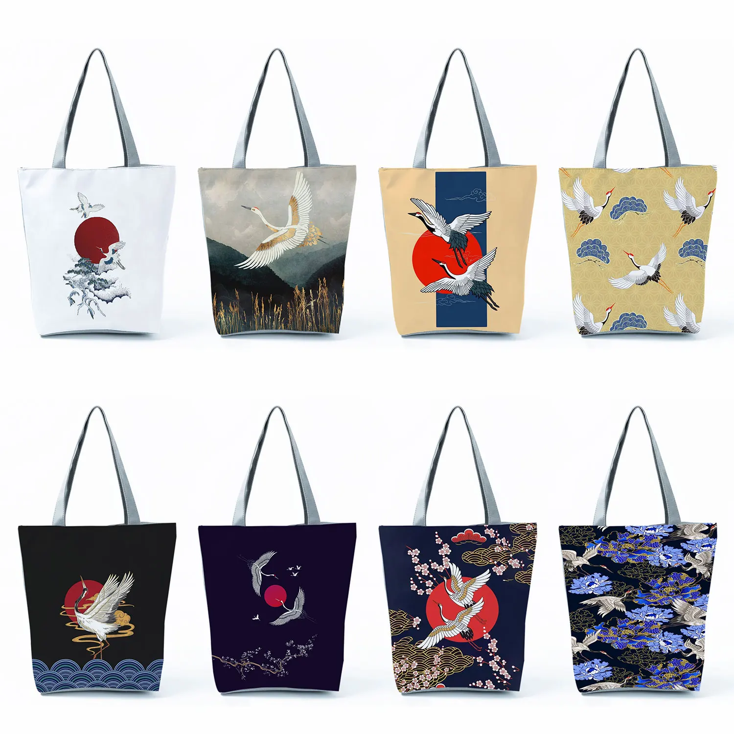 Чанти с принтом Укие в японски стил, нови дамски чанти-тоут с червена корона Журавля, чанти през рамо с голям капацитет, Преносими пазарска чанта